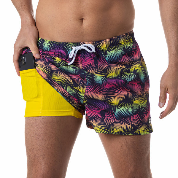 Compression Lined 3" Swim Trunks - Neon Palms