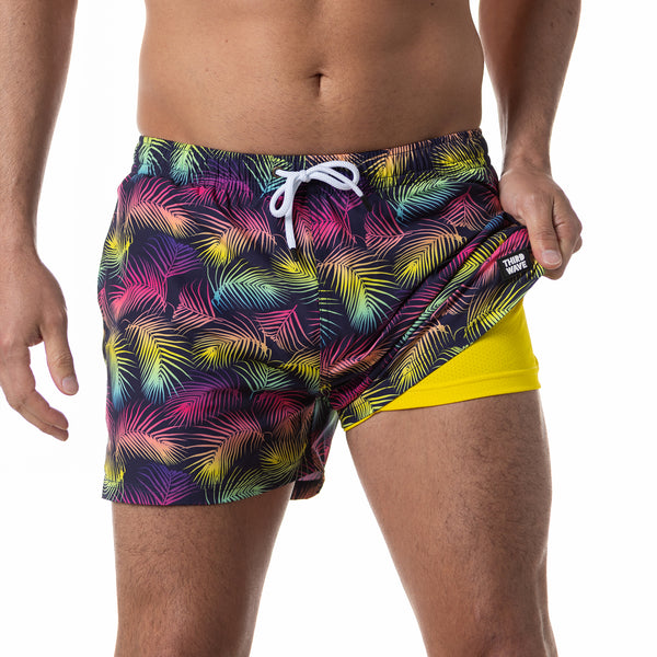 Compression Lined 3" Swim Trunks - Neon Palms
