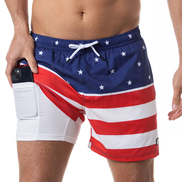 Compression Lined 5" Swim Trunks - American Flag
